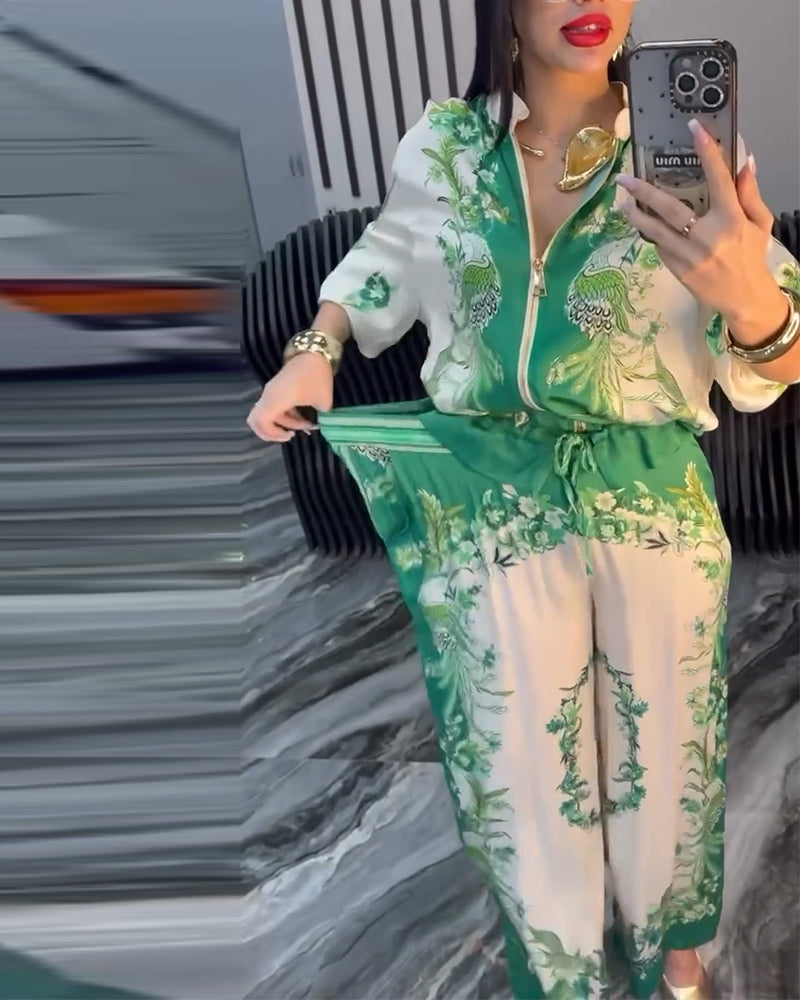 Temperament Stand Collar Zipper Wide Leg Suit