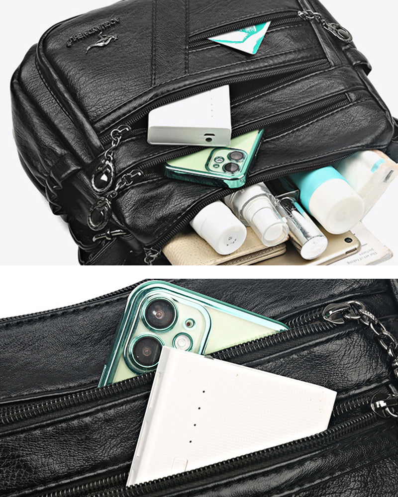 Multi-pocket soft leather crossbody bag