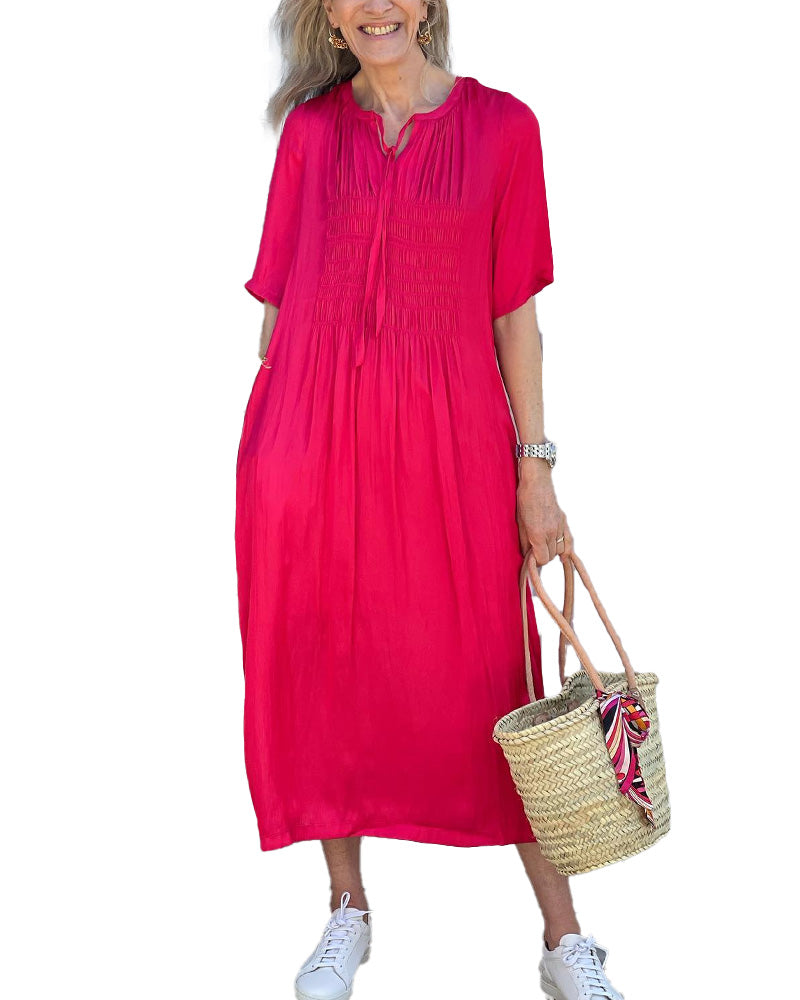 Red Pleated V-Neck Dress