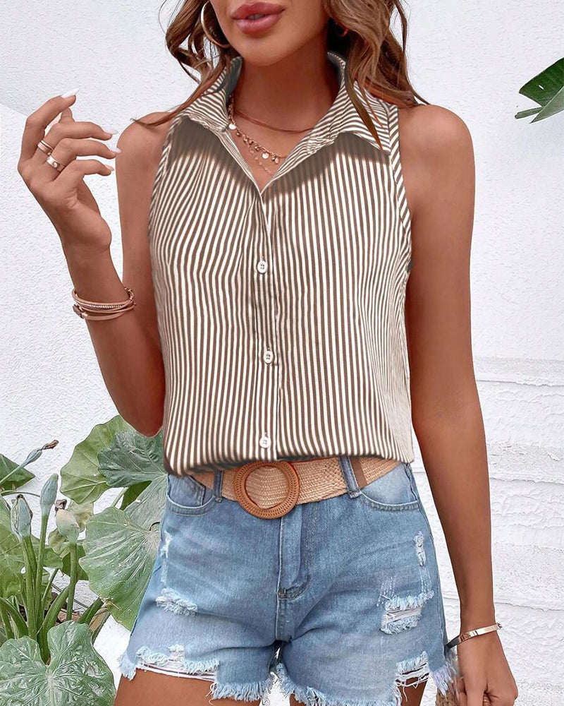 Sleeveless Lapel Striped Tank Top