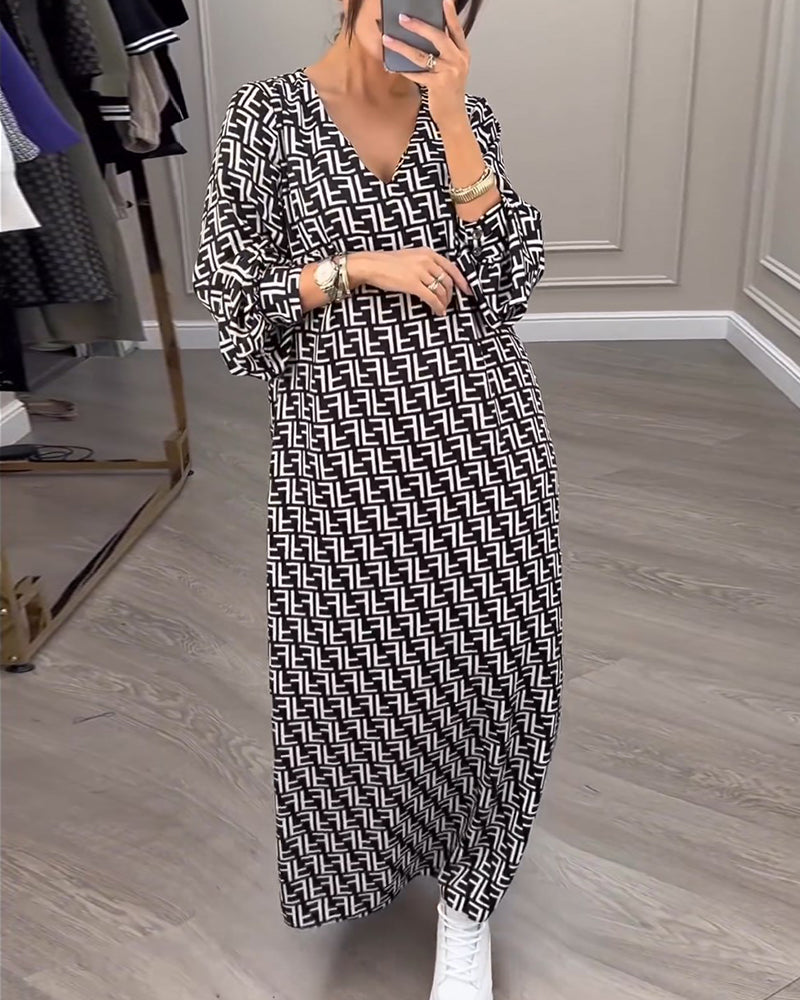 Printed geometric long-sleeved dress