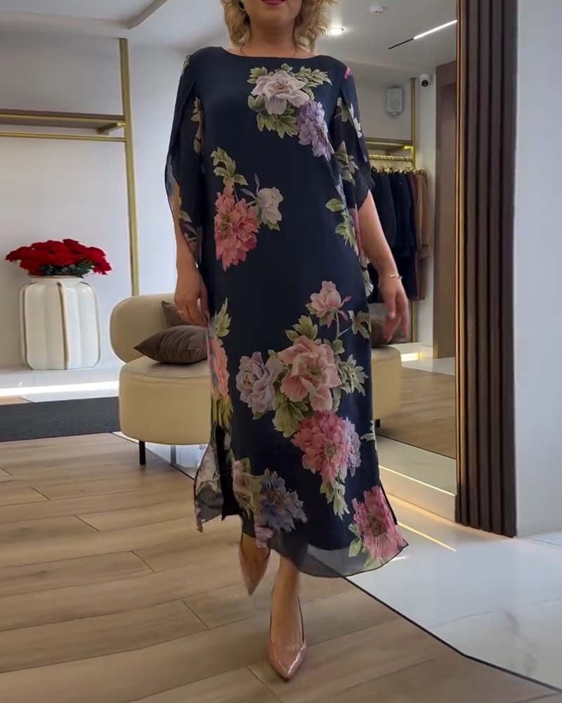 Round Neck Floral Slit Dress