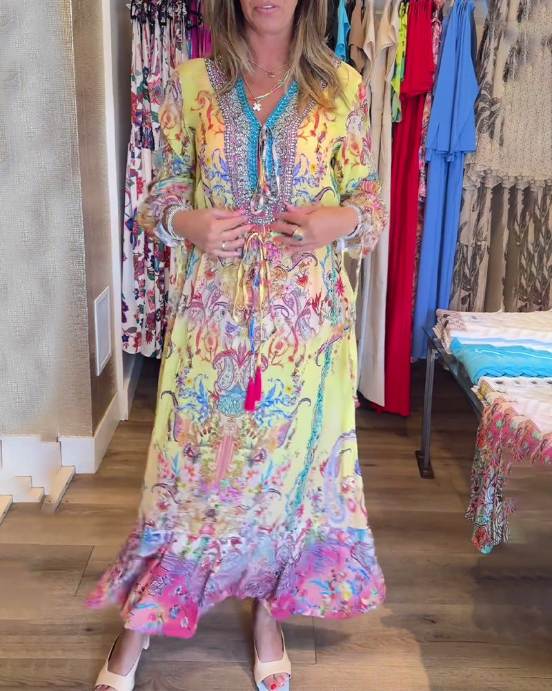 Long sleeve printed resort dress