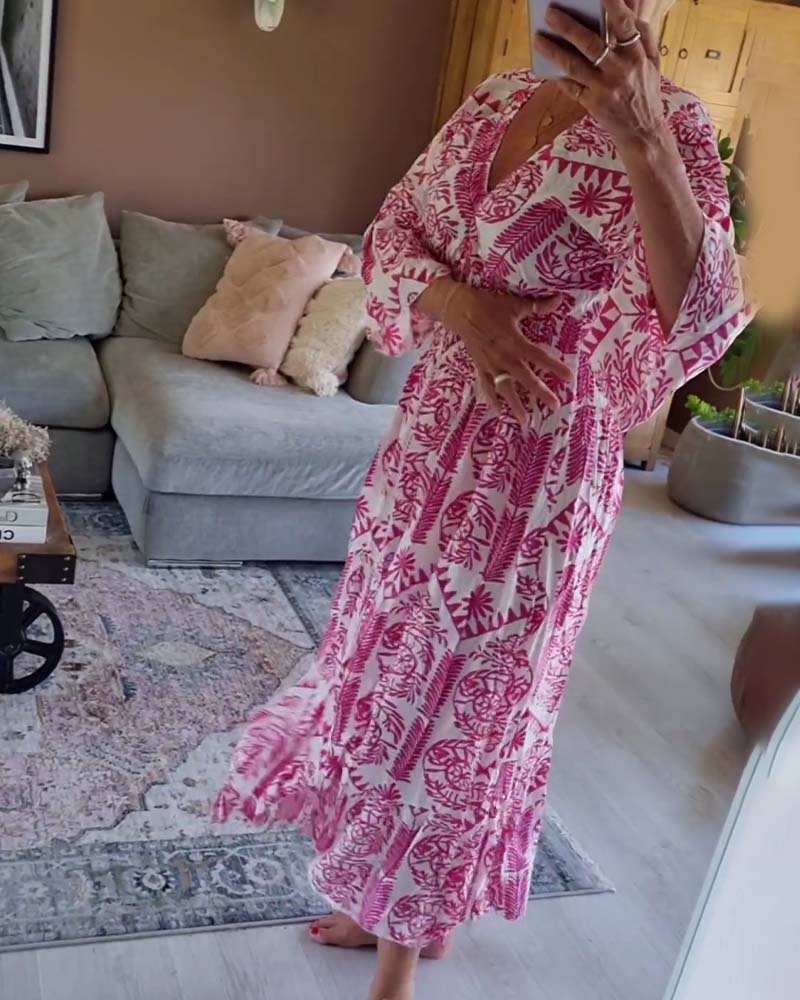 Elegant printed V-neck pleated bell-sleeve dress