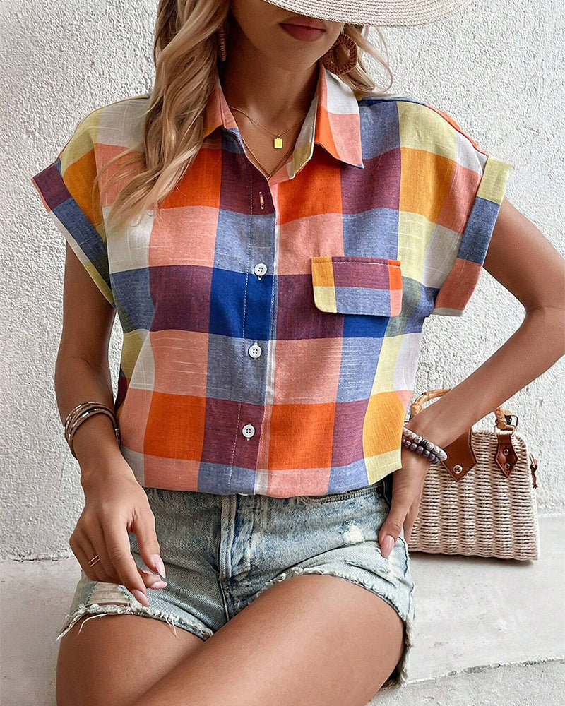 Colorful plaid print casual short-sleeved shirt