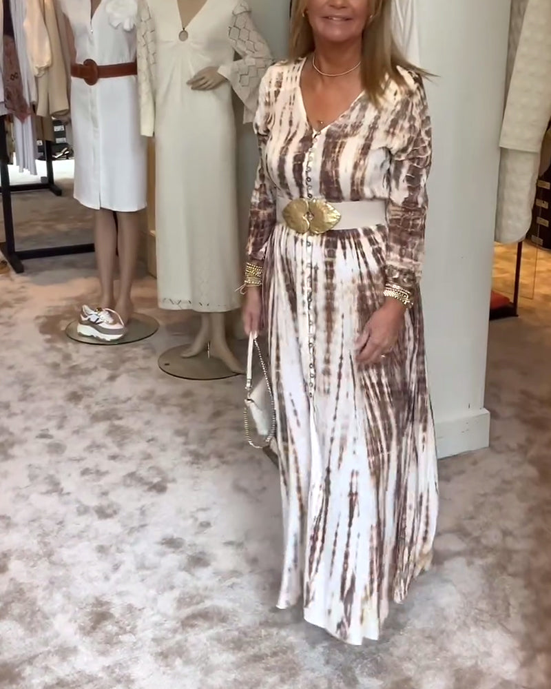 Printed long-sleeve V-neck slit waist dress