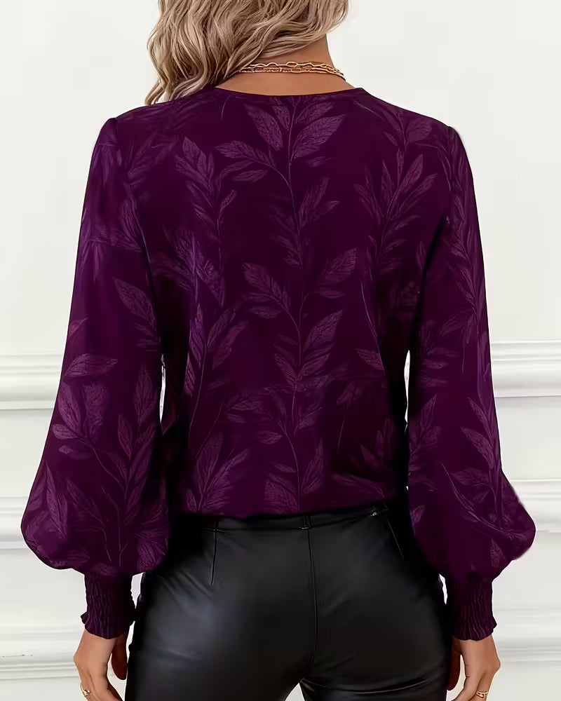 Leaf Pattern V-Neck Long-Sleeved Blouse