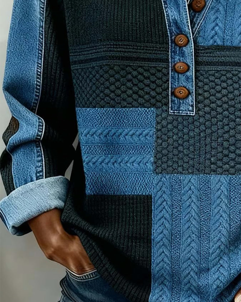 Printed Long-Sleeved Button-Down Sweatshirt