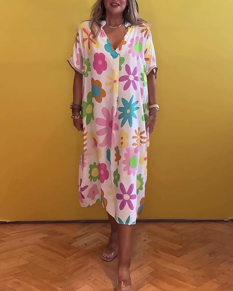 Loose V-neck floral print dress