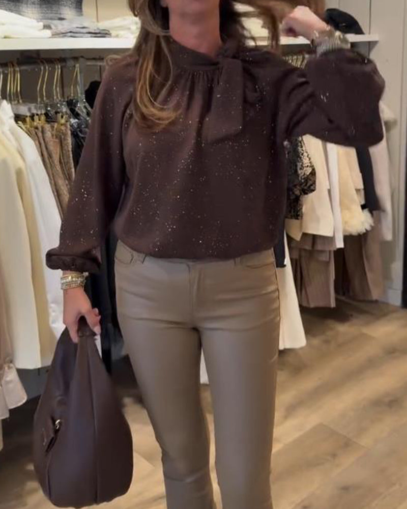 Ribbon Puff-Sleeve Shimmer Elegant Blouse