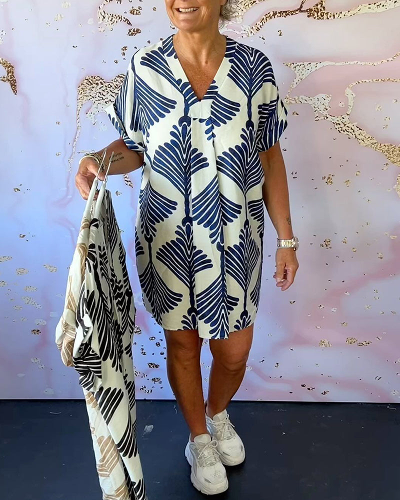 Printed V-neck casual short-sleeved dress
