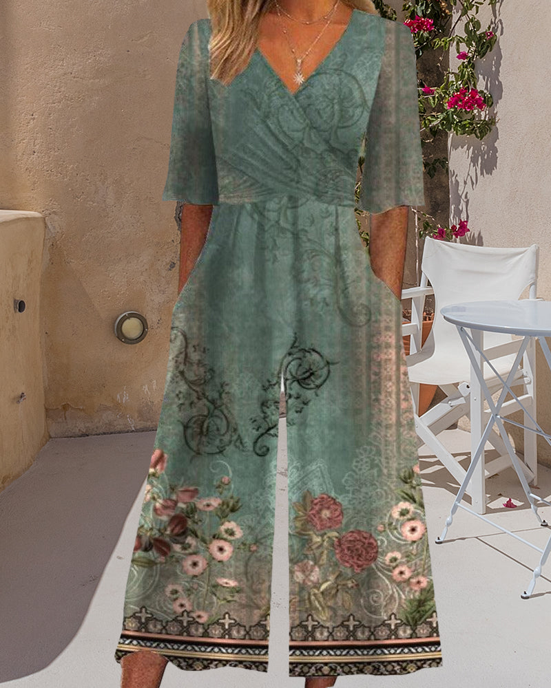 Vintage floral print pocket jumpsuit