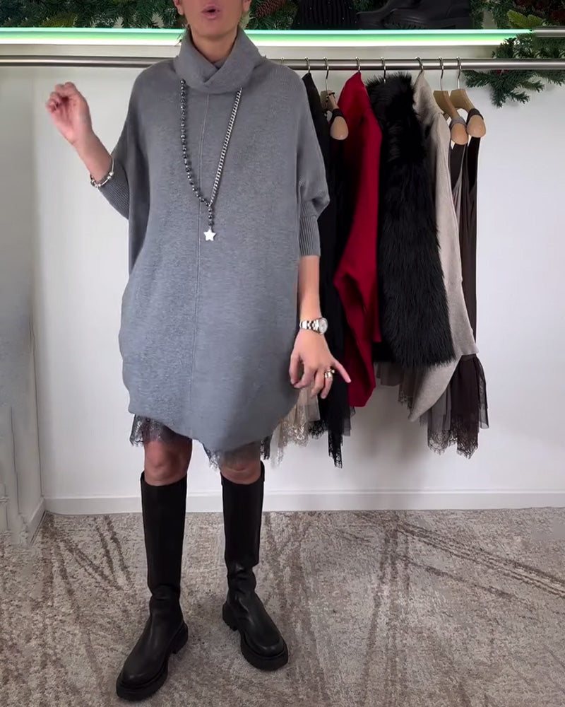 High Collar Bat Sleeve Suspenders Lace Mesh Dress Suit