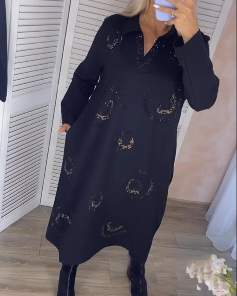 Lapel Long Sleeve Midi Dress