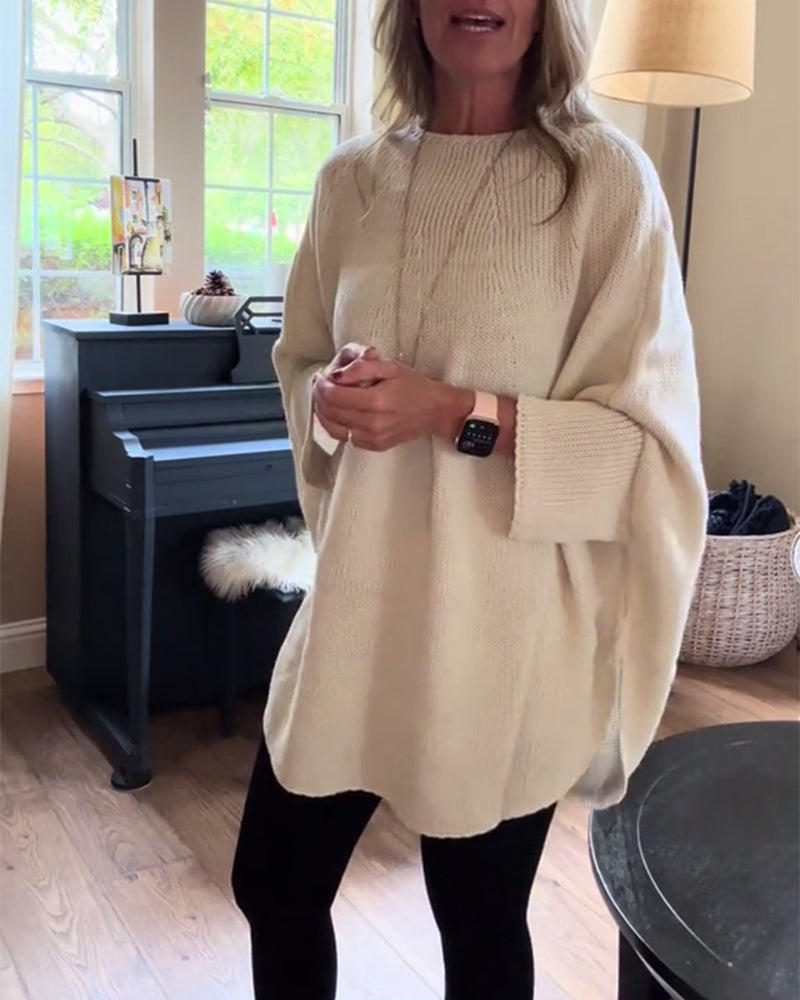 Fashion solid color bat sleeve round neck pullover