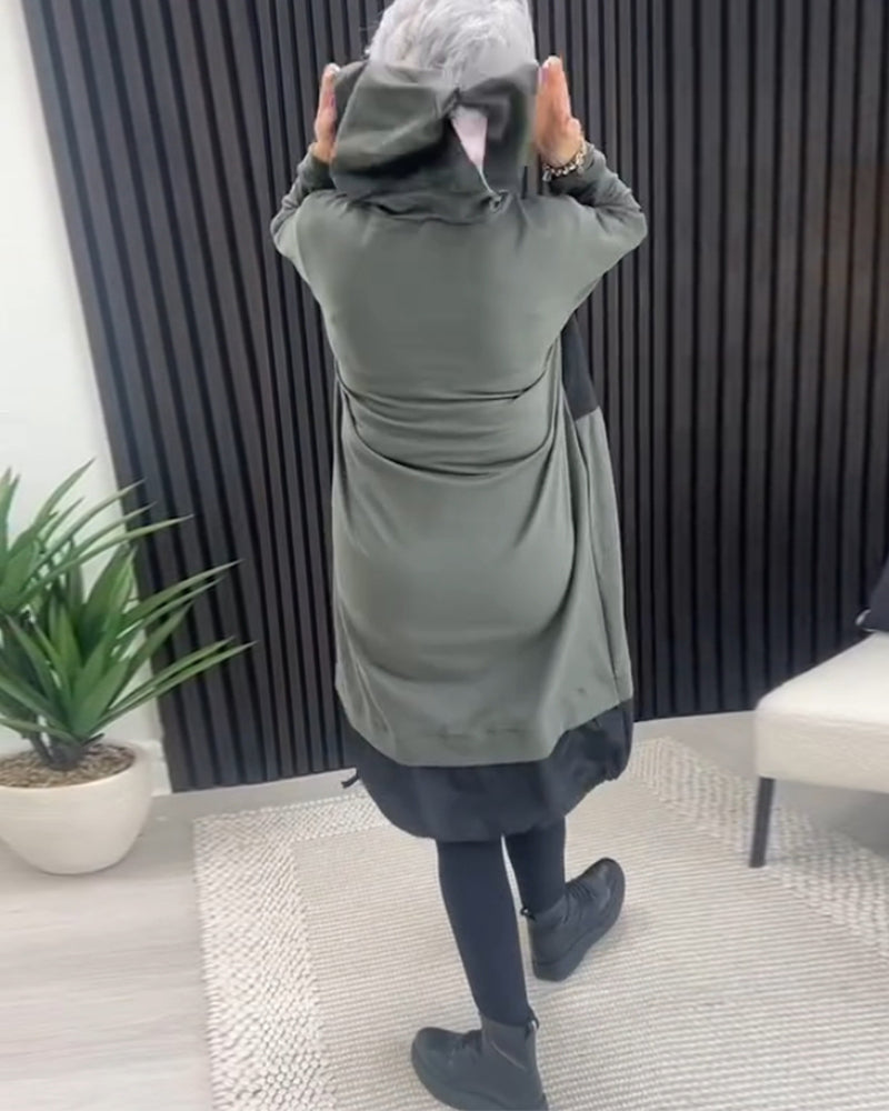 Casual color block letter print pocket hooded dress