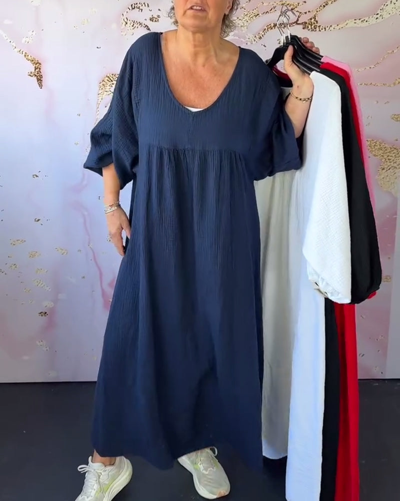 Forest Style V-Neck Pleated Solid Color Dress