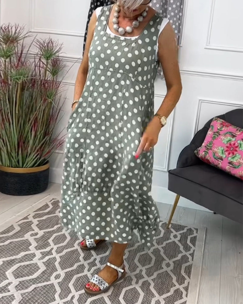 Sleeveless polka dot print casual dress