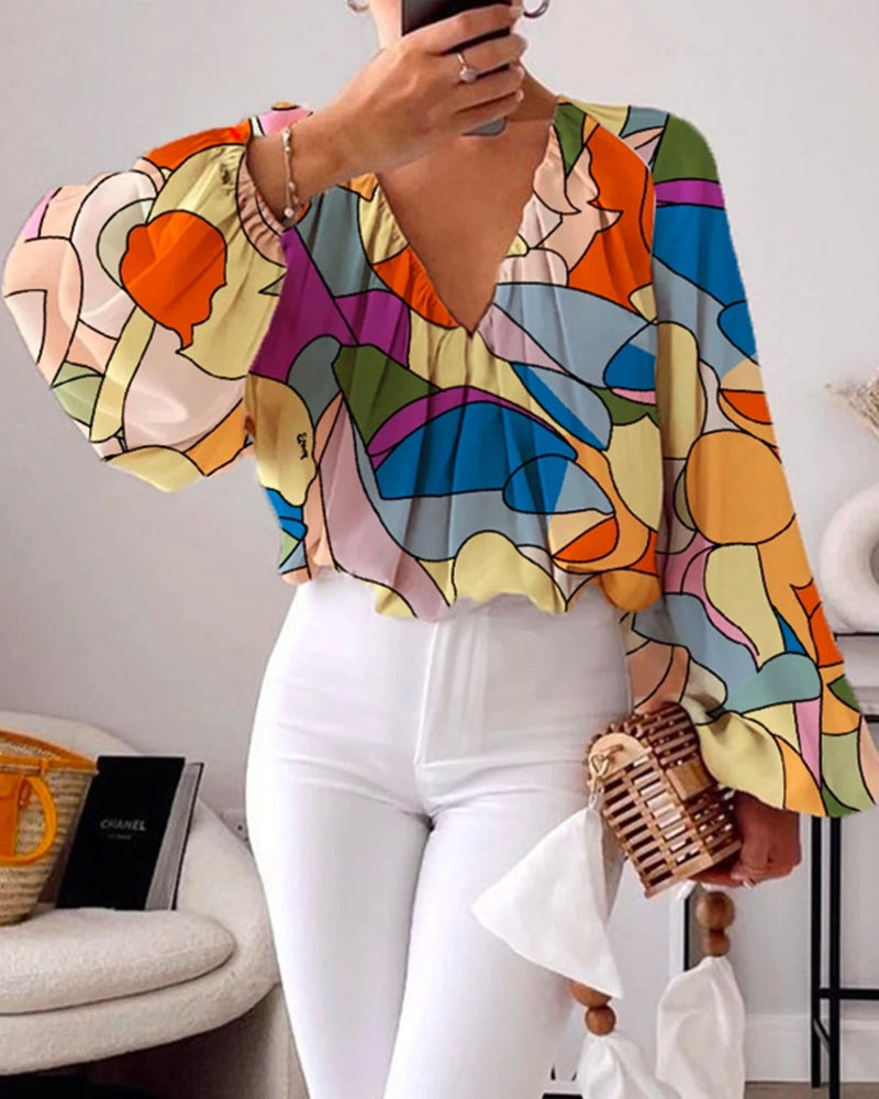 Colorful printed V-neck lantern sleeves blouse