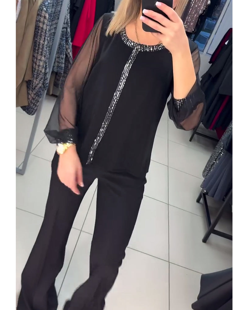 Sequin Panel Long Sleeve Blouse