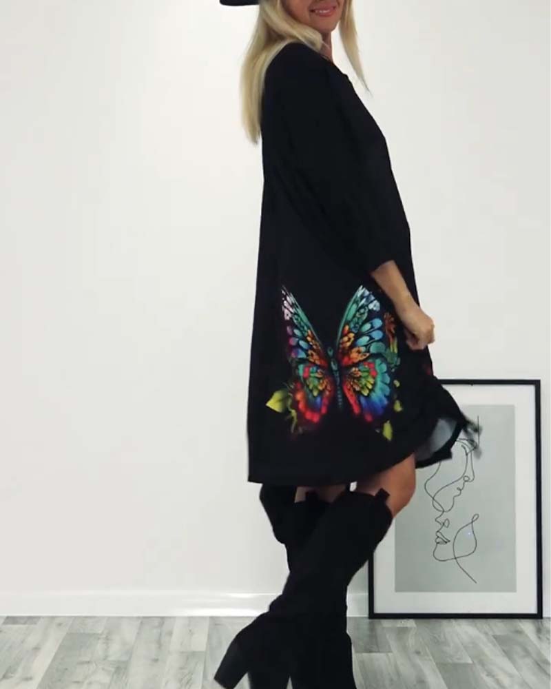 Butterfly print pocket long sleeve dress