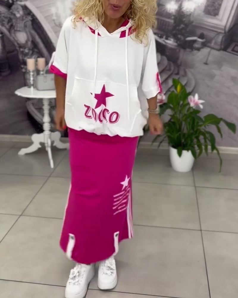 Hooded Drawstring Printed Skirt Set