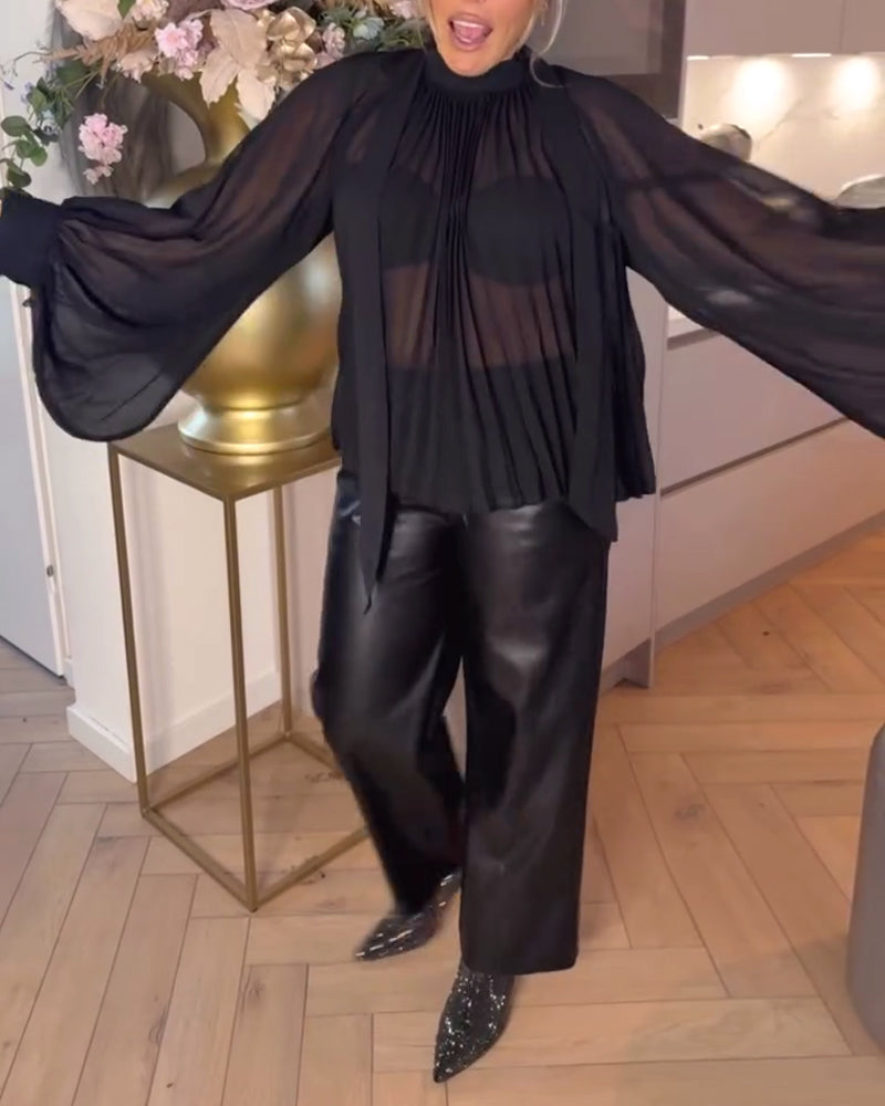 Solid Color Batwing Sleeve Ribbon Blouse