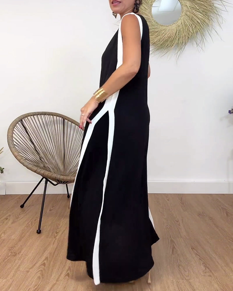 Fashionable contrasting print V-neck sleeveless dress