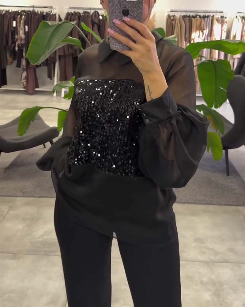 Solid Color Puff Sleeve Collar Blouse