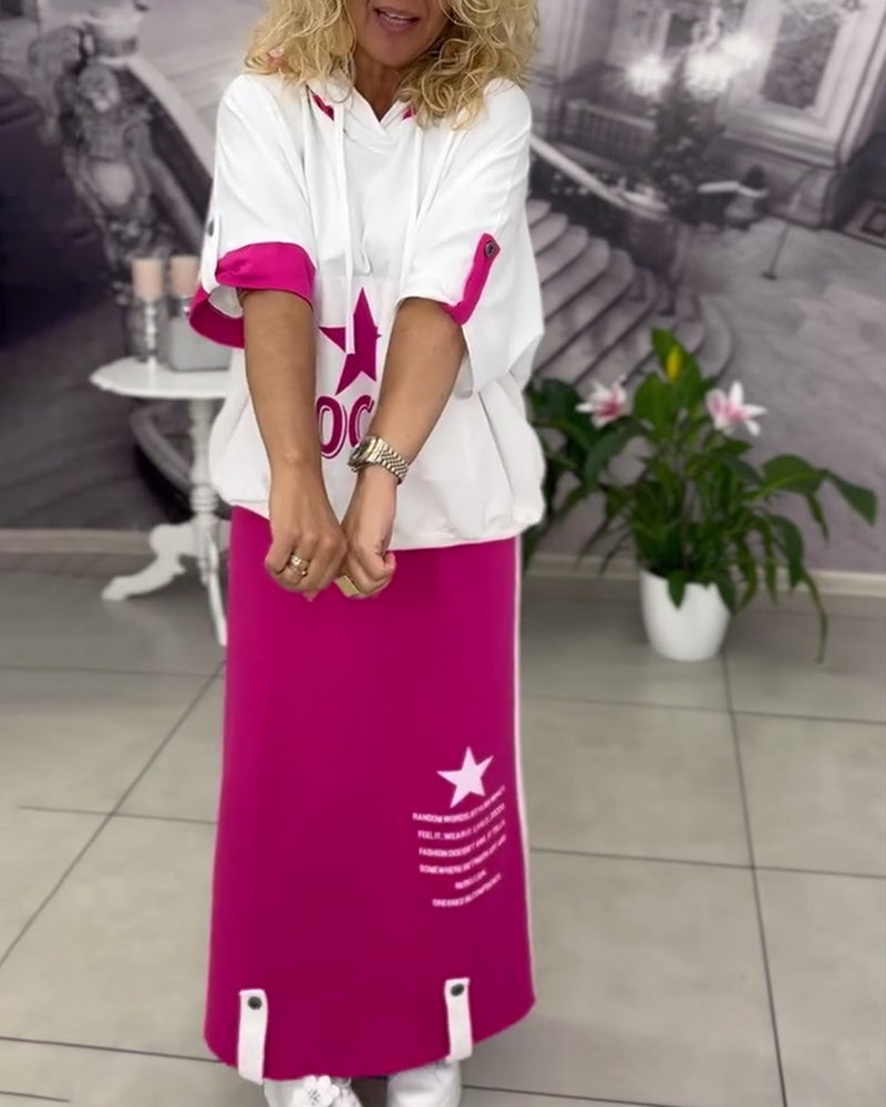 Hooded Drawstring Printed Skirt Set