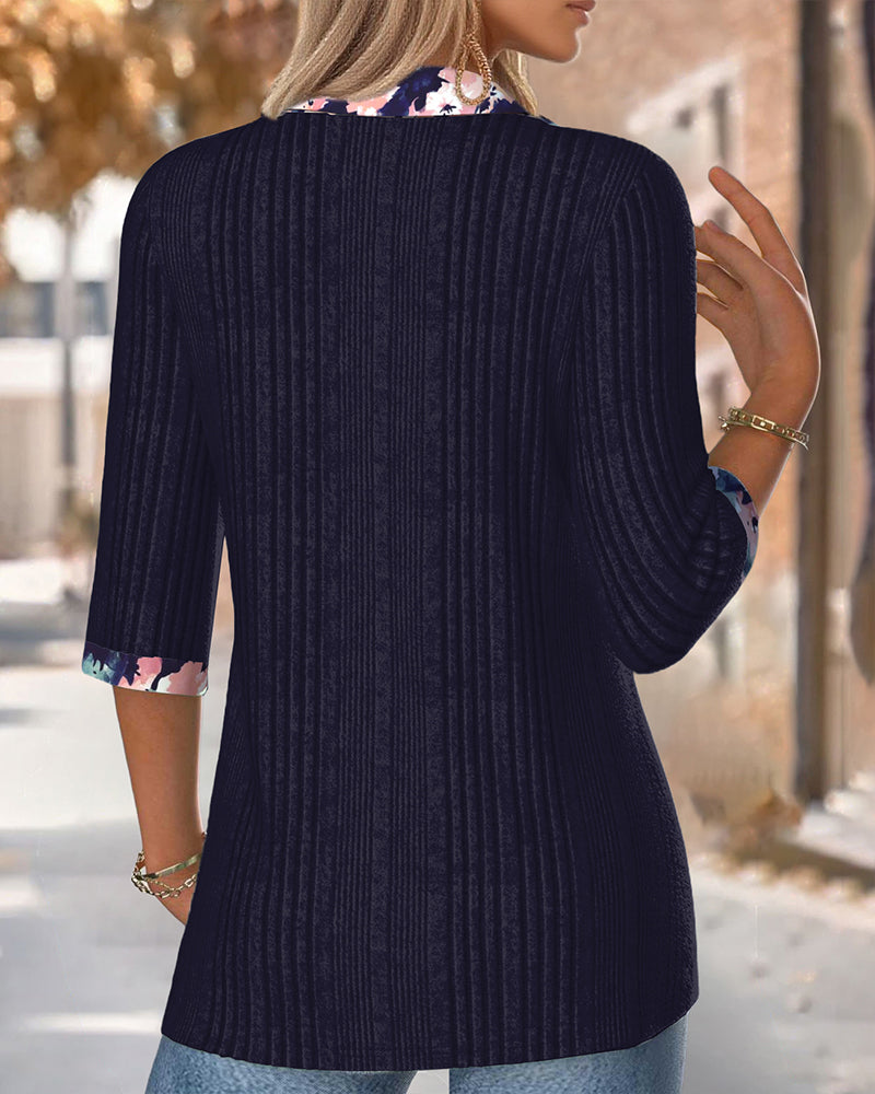 Lapel Three-Quarter Sleeve Contrast Color Blouse