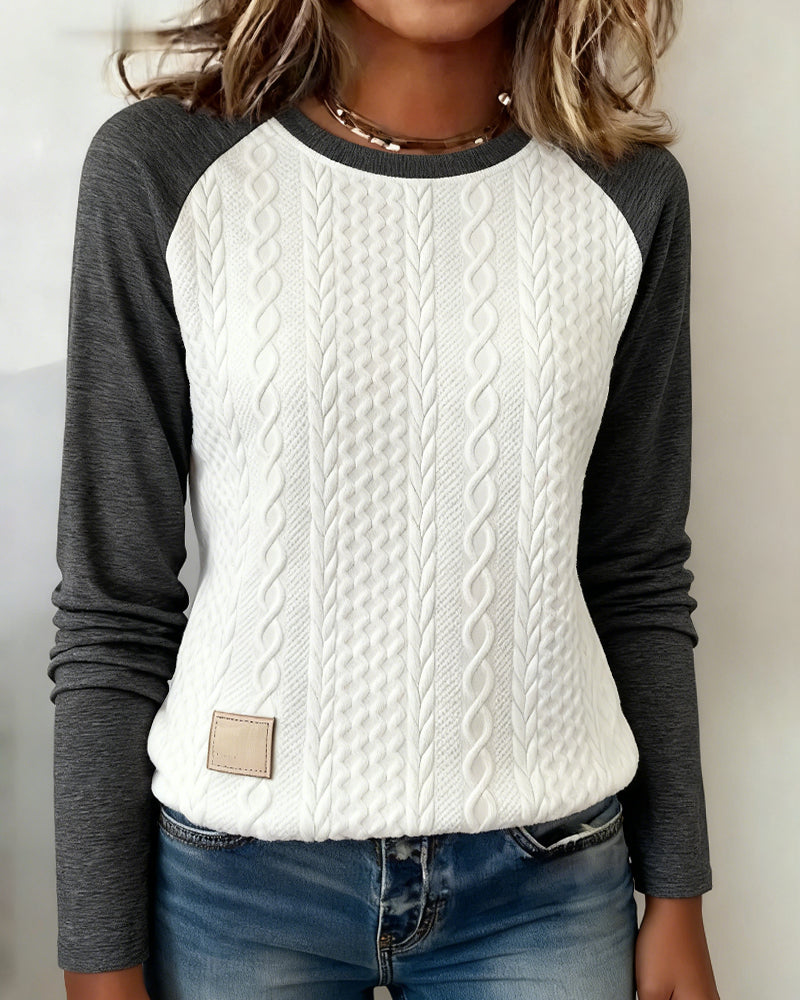Long-Sleeved Color-Blocked Jacquard Top