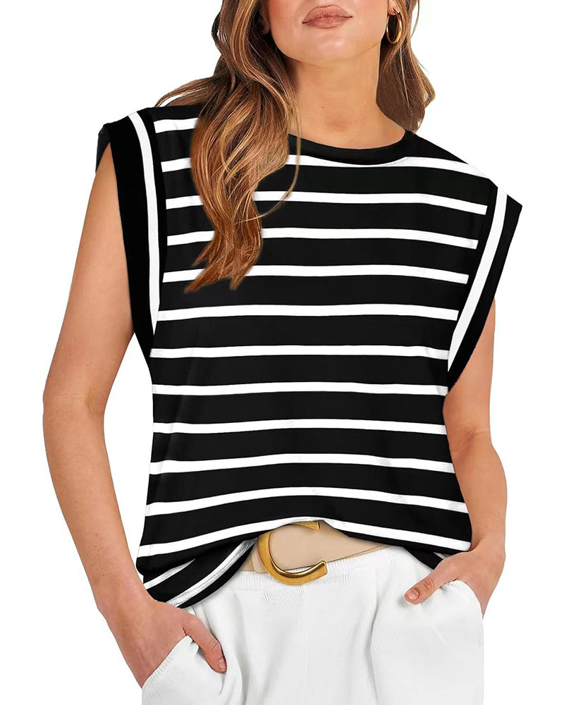 Casual striped print round neck sleeveless top