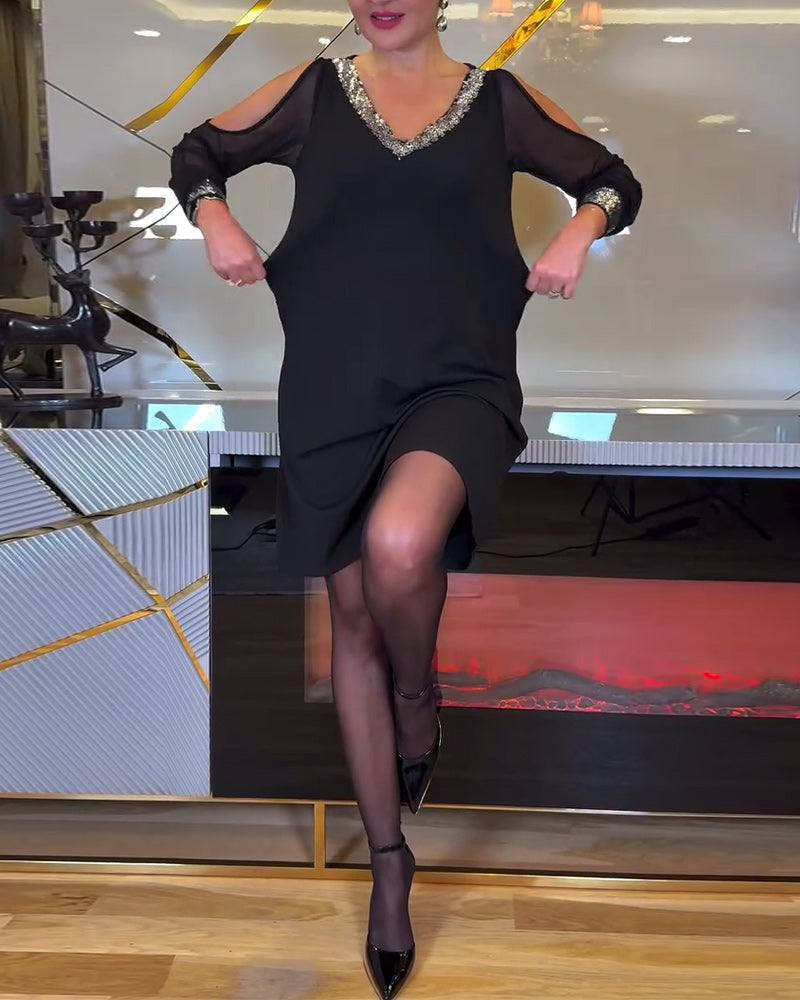 Fashion V-Neck Solid Color Stitching Slim Dress