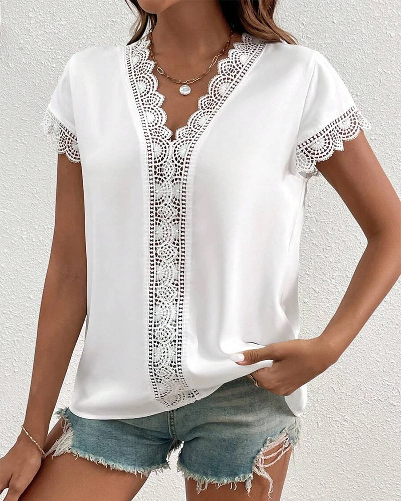 Lace Hollow Solid Color T-Shirt