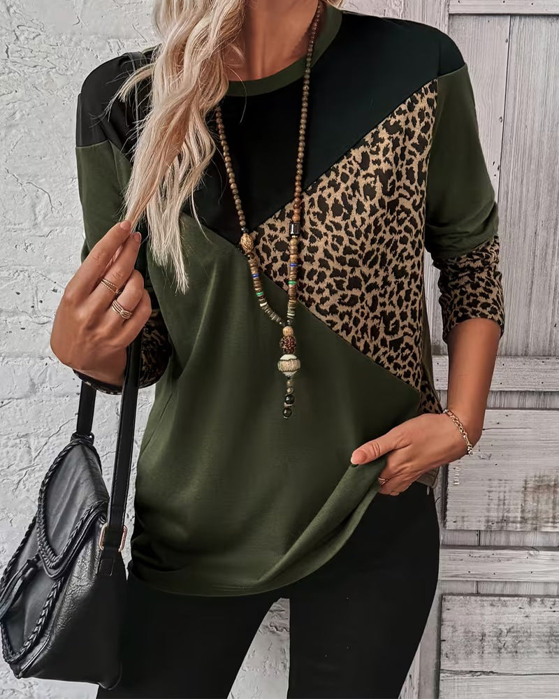 Round Neck Leopard Print Color-Blocked Top