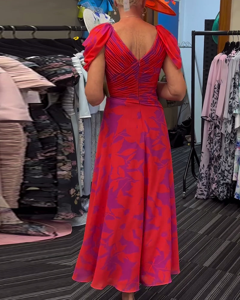 Pleated slit printed dress