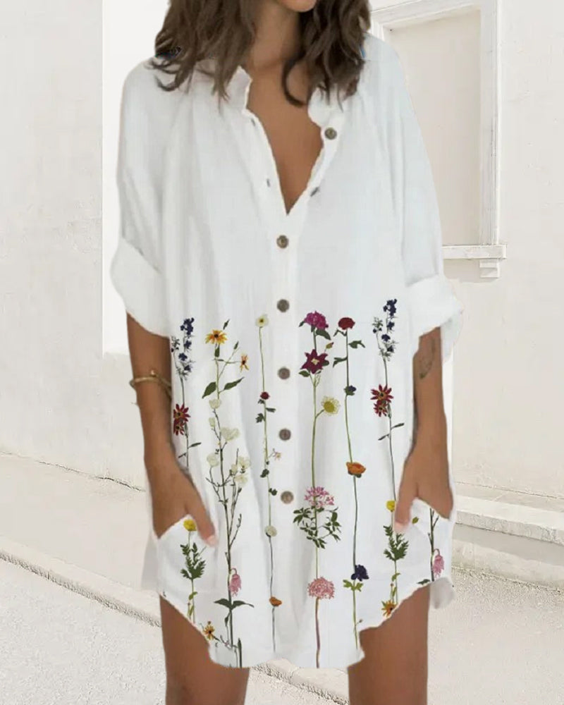 Printed button long sleeve pocket dress