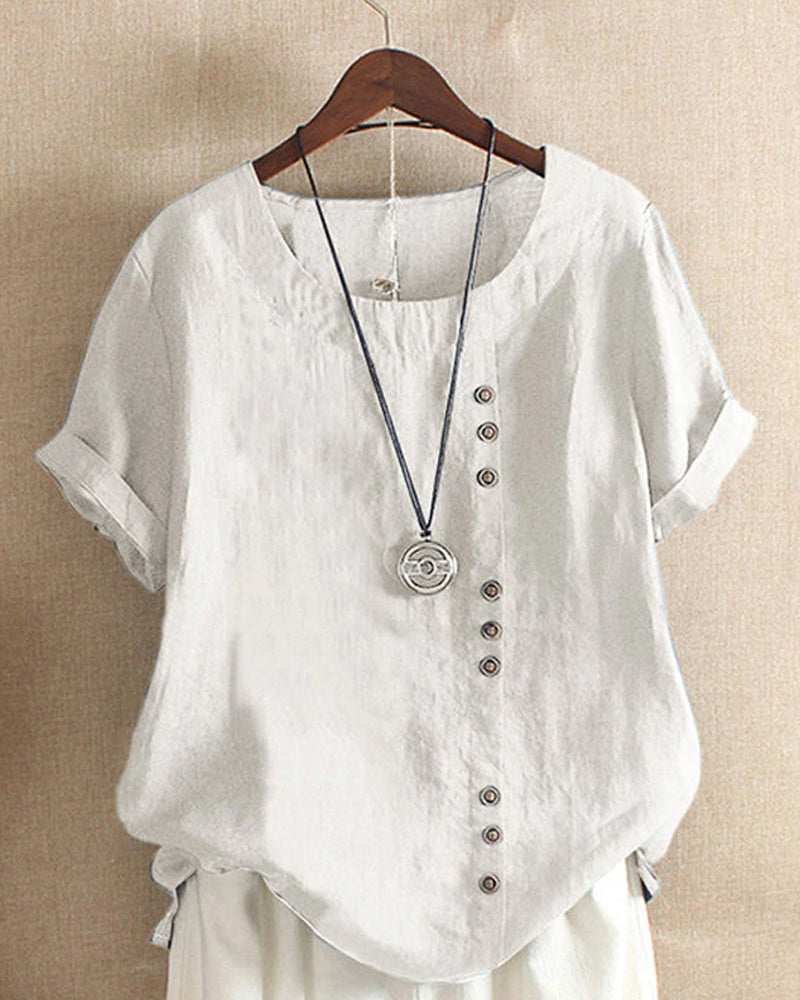 Solid Color Button Short Sleeve Top