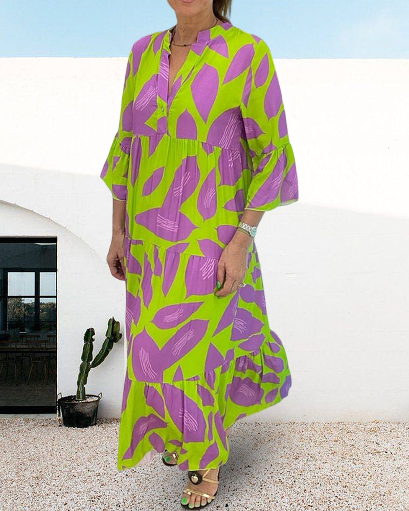 Leaves Print Dress with Short Sleeves