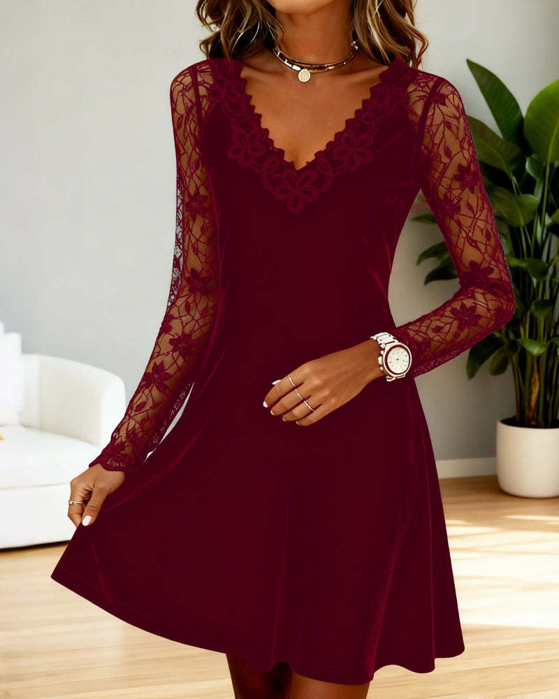 Lace-Trimmed Velvet A-Line Dress