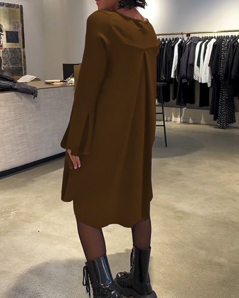 Solid Flare Sleeve Shirred Dress