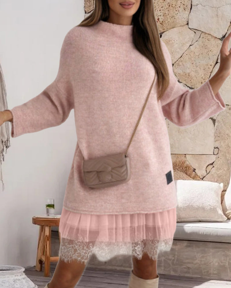 Casual solid color high collar pullover mesh dress set