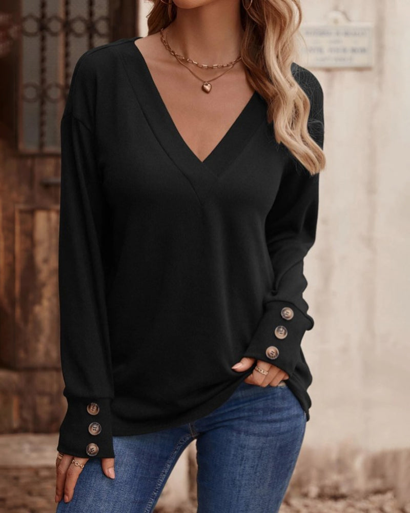 Solid color v neck button long sleeve top