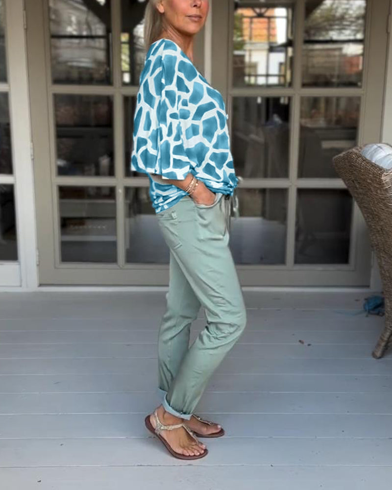 Elegant printed V-neck bat sleeves blouse