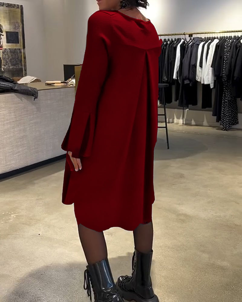 Solid Flare Sleeve Shirred Dress