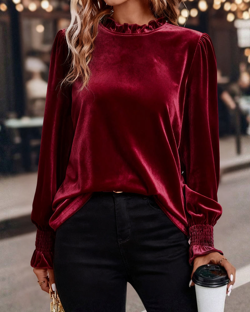 Ruffled Velvet Long Sleeve Top