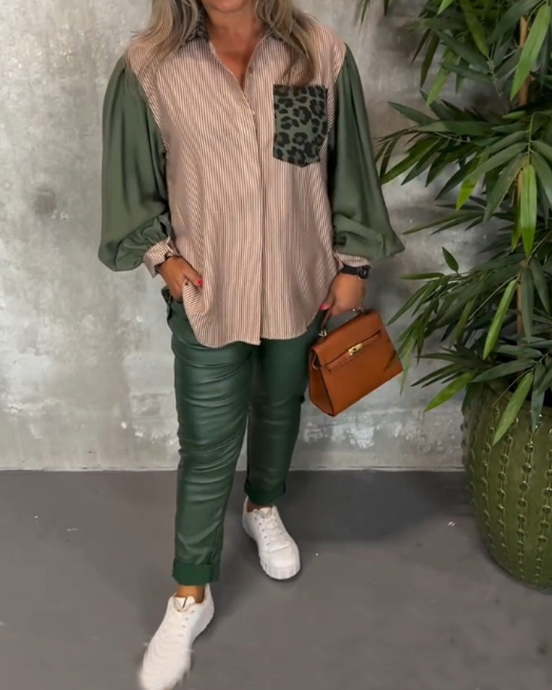 Lapel lantern sleeve leopard print shirt