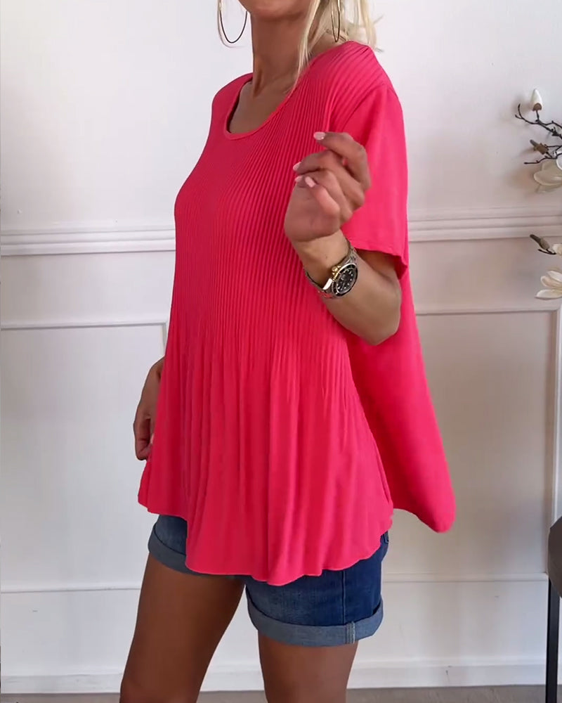 Solid color round neck pleated blouse