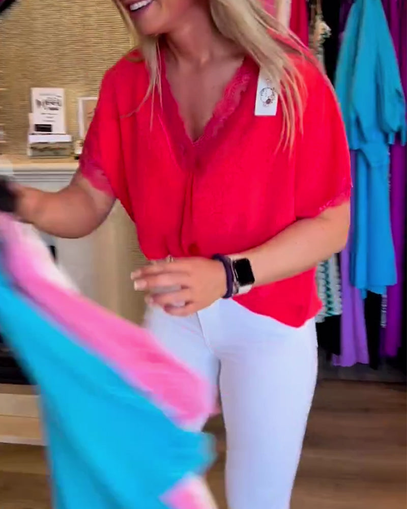 Spliced lace v-neck solid color top